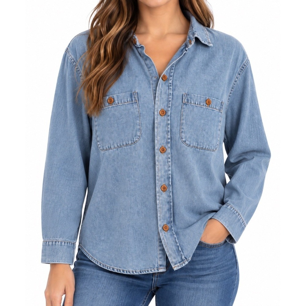 The Great Womens Denim Shirt Blue Long Sleeve Button Down Two Pocket Size L